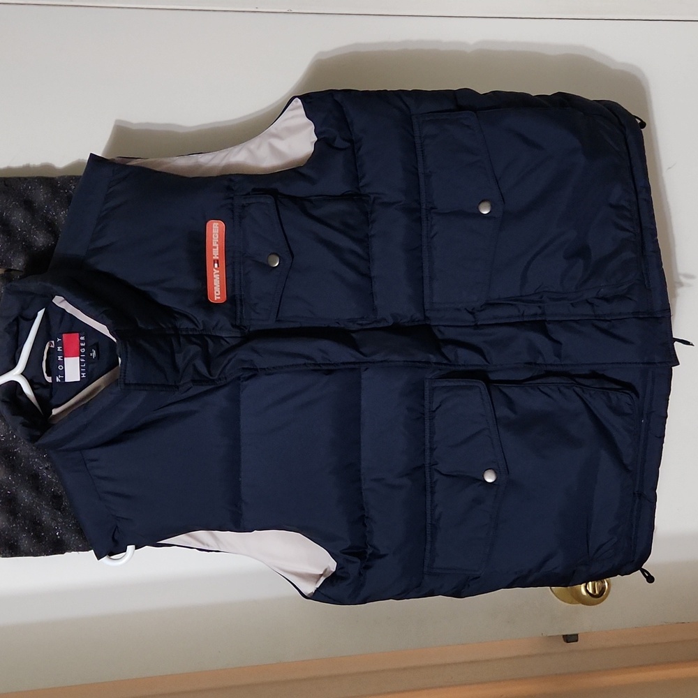 Tommy Hilfiger Blue Full Zip Down Filled Spellout Logo Puffer Vest Vintage Y2K